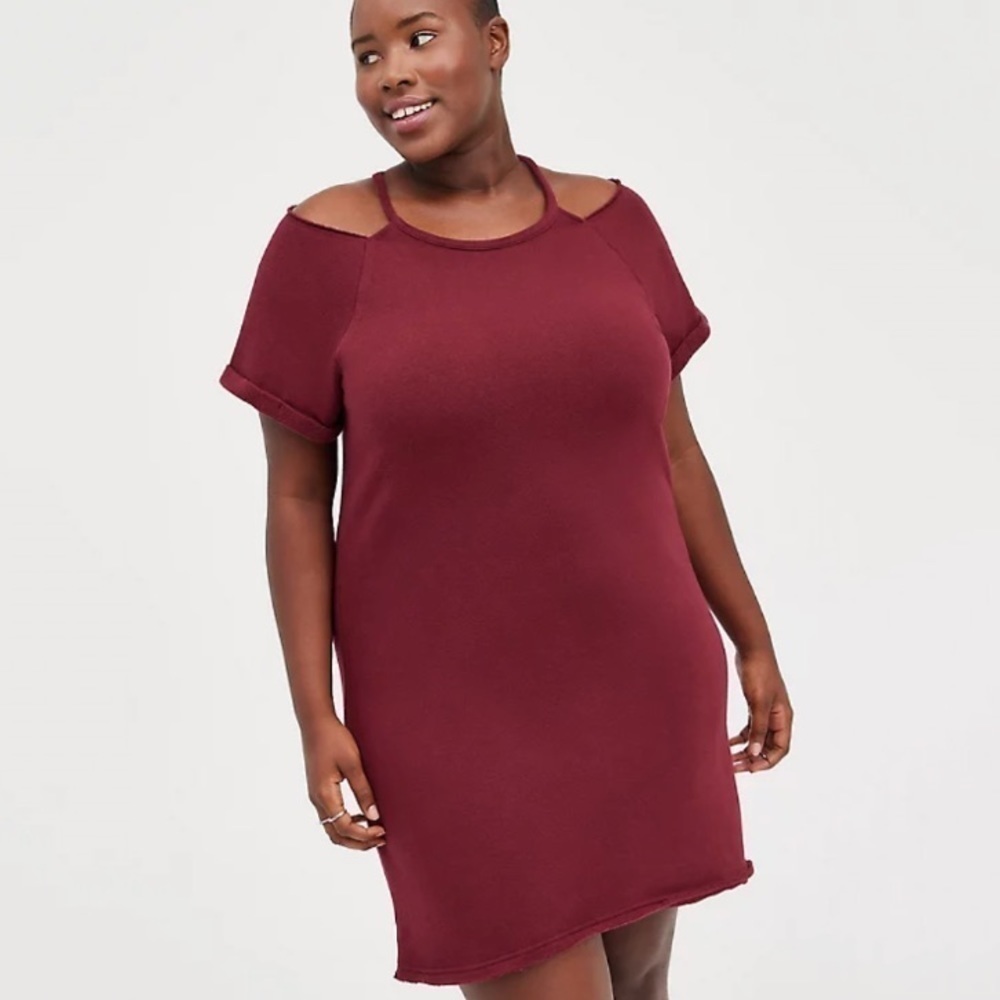 NWT Torrid Plus Size Cozy Cold Shoulder Fleece Lined Dress In Wine Red